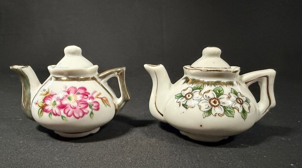 Vintage Miniature Teapot Set of 2 Floral Porcelain Gold Trim